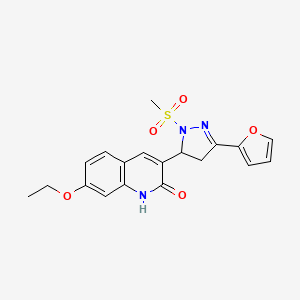 molecular formula C19H19N3O5S B3015507 7-乙氧基-3-[5-(2-呋喃基)-2-甲基磺酰基-3,4-二氢吡唑-3-基]-1H-喹啉-2-酮 CAS No. 796878-50-7