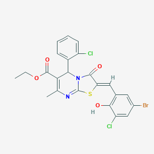 molecular formula C23H17BrCl2N2O4S B301554 ethyl 2-(5-bromo-3-chloro-2-hydroxybenzylidene)-5-(2-chlorophenyl)-7-methyl-3-oxo-2,3-dihydro-5H-[1,3]thiazolo[3,2-a]pyrimidine-6-carboxylate 