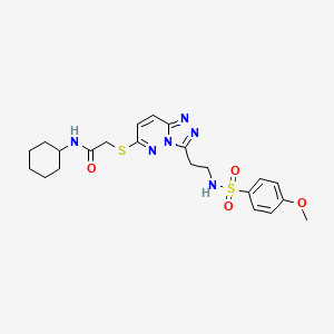 molecular formula C22H28N6O4S2 B3015552 N-cyclohexyl-2-((3-(2-(4-methoxyphenylsulfonamido)ethyl)-[1,2,4]triazolo[4,3-b]pyridazin-6-yl)thio)acetamide CAS No. 873001-96-8