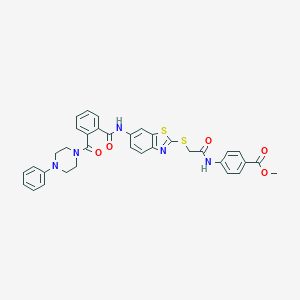 molecular formula C35H31N5O5S2 B301557 Methyl 4-{[({6-[({2-[(4-phenylpiperazin-1-yl)carbonyl]phenyl}carbonyl)amino]-1,3-benzothiazol-2-yl}sulfanyl)acetyl]amino}benzoate 
