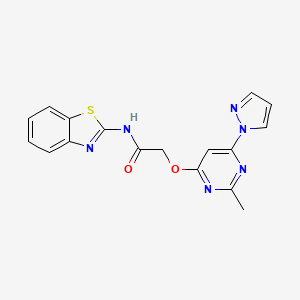 molecular formula C17H14N6O2S B3015577 N-(benzo[d]thiazol-2-yl)-2-((2-methyl-6-(1H-pyrazol-1-yl)pyrimidin-4-yl)oxy)acetamide CAS No. 1421454-24-1