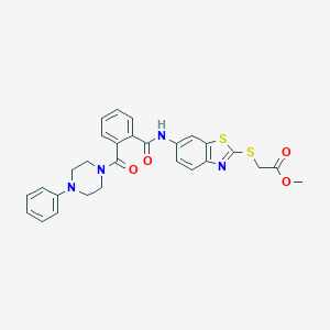 molecular formula C28H26N4O4S2 B301558 Methyl {[6-({2-[(4-phenyl-1-piperazinyl)carbonyl]benzoyl}amino)-1,3-benzothiazol-2-yl]sulfanyl}acetate 