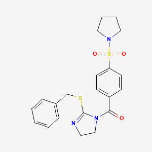molecular formula C21H23N3O3S2 B3015638 (2-Benzylsulfanyl-4,5-dihydroimidazol-1-yl)-(4-pyrrolidin-1-ylsulfonylphenyl)methanone CAS No. 851864-54-5