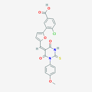molecular formula C23H15ClN2O6S B301567 4-chloro-3-(5-{(E)-[1-(4-methoxyphenyl)-4,6-dioxo-2-thioxotetrahydropyrimidin-5(2H)-ylidene]methyl}furan-2-yl)benzoic acid 