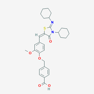 molecular formula C31H36N2O5S B301568 4-[(4-{[3-Cyclohexyl-2-(cyclohexylimino)-4-oxo-1,3-thiazolidin-5-ylidene]methyl}-2-methoxyphenoxy)methyl]benzoic acid 