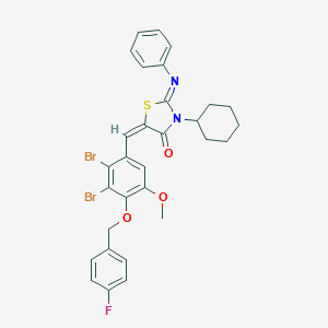 molecular formula C30H27Br2FN2O3S B301569 (2Z,5E)-3-cyclohexyl-5-{2,3-dibromo-4-[(4-fluorobenzyl)oxy]-5-methoxybenzylidene}-2-(phenylimino)-1,3-thiazolidin-4-one 