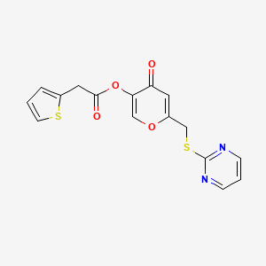 molecular formula C16H12N2O4S2 B3015761 [4-Oxo-6-(pyrimidin-2-ylsulfanylmethyl)pyran-3-yl] 2-thiophen-2-ylacetate CAS No. 877637-56-4
