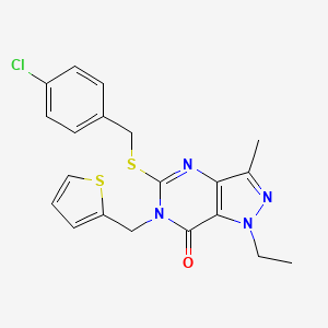 molecular formula C20H19ClN4OS2 B3015908 5-((4-chlorobenzyl)thio)-1-ethyl-3-methyl-6-(thiophen-2-ylmethyl)-1H-pyrazolo[4,3-d]pyrimidin-7(6H)-one CAS No. 1358832-46-8