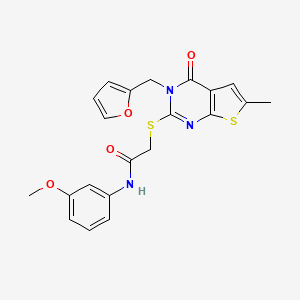 molecular formula C21H19N3O4S2 B3015958 2-[3-(呋喃-2-基甲基)-6-甲基-4-氧代噻吩[2,3-d]嘧啶-2-基]硫代基-N-(3-甲氧基苯基)乙酰胺 CAS No. 878682-75-8