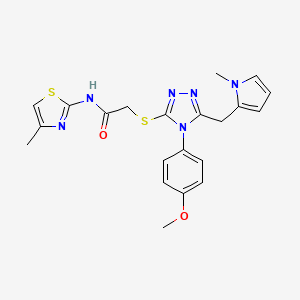 molecular formula C21H22N6O2S2 B3015959 2-((4-(4-甲氧基苯基)-5-((1-甲基-1H-吡咯-2-基)甲基)-4H-1,2,4-三唑-3-基)硫代)-N-(4-甲基噻唑-2-基)乙酰胺 CAS No. 847393-46-8