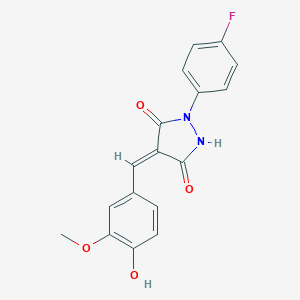 molecular formula C17H13FN2O4 B301596 (4E)-1-(4-fluorophenyl)-4-(4-hydroxy-3-methoxybenzylidene)pyrazolidine-3,5-dione 