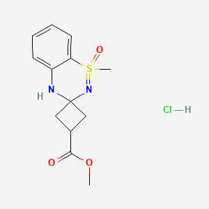 molecular formula C13H17ClN2O3S B3015994 Methyl 2-methyl-2-oxospiro[2lambda6-thia-3,5-diazabicyclo[4.4.0]deca-1(10),2,6,8-tetraene-4,3'-cyclobutane]-1'-carboxylate;hydrochloride CAS No. 2344678-91-5