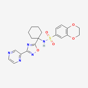 molecular formula C20H21N5O5S B3015997 N-(1-(3-(pyrazin-2-yl)-1,2,4-oxadiazol-5-yl)cyclohexyl)-2,3-dihydrobenzo[b][1,4]dioxine-6-sulfonamide CAS No. 1396682-41-9