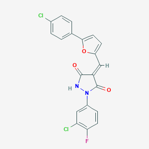 molecular formula C20H11Cl2FN2O3 B301600 1-(3-Chloro-4-fluorophenyl)-4-{[5-(4-chlorophenyl)-2-furyl]methylene}-3,5-pyrazolidinedione 