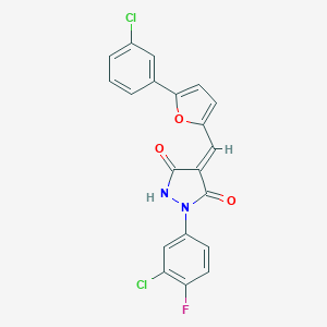 molecular formula C20H11Cl2FN2O3 B301601 1-(3-Chloro-4-fluorophenyl)-4-{[5-(3-chlorophenyl)-2-furyl]methylene}-3,5-pyrazolidinedione 