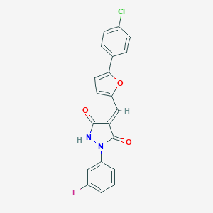 molecular formula C20H12ClFN2O3 B301602 4-{[5-(4-Chlorophenyl)-2-furyl]methylene}-1-(3-fluorophenyl)-3,5-pyrazolidinedione 