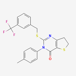 molecular formula C21H17F3N2OS2 B3016022 3-(p-tolyl)-2-((3-(trifluoromethyl)benzyl)thio)-6,7-dihydrothieno[3,2-d]pyrimidin-4(3H)-one CAS No. 686771-78-8