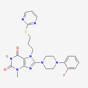 molecular formula C23H25FN8O2S B3016025 8-[4-(2-Fluorophenyl)piperazin-1-yl]-3-methyl-7-(3-pyrimidin-2-ylsulfanylpropyl)purine-2,6-dione CAS No. 872627-65-1