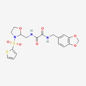 molecular formula C18H19N3O7S2 B3016028 N1-(benzo[d][1,3]dioxol-5-ylmethyl)-N2-((3-(thiophen-2-ylsulfonyl)oxazolidin-2-yl)methyl)oxalamide CAS No. 874804-78-1