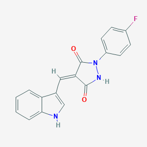 molecular formula C18H12FN3O2 B301605 (4E)-1-(4-fluorophenyl)-4-(1H-indol-3-ylmethylidene)pyrazolidine-3,5-dione 