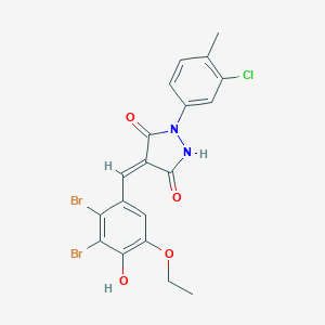 molecular formula C19H15Br2ClN2O4 B301608 1-(3-Chloro-4-methylphenyl)-4-(2,3-dibromo-5-ethoxy-4-hydroxybenzylidene)-3,5-pyrazolidinedione 