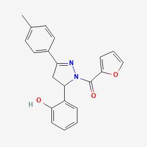 molecular formula C21H18N2O3 B3016124 Furan-2-yl-[3-(2-hydroxyphenyl)-5-(4-methylphenyl)-3,4-dihydropyrazol-2-yl]methanone CAS No. 868155-47-9