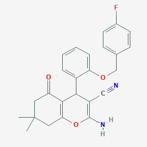 molecular formula C25H23FN2O3 B301613 2-amino-4-{2-[(4-fluorobenzyl)oxy]phenyl}-7,7-dimethyl-5-oxo-5,6,7,8-tetrahydro-4H-chromene-3-carbonitrile 