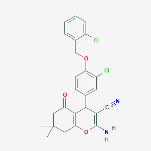 molecular formula C25H22Cl2N2O3 B301614 2-amino-4-{3-chloro-4-[(2-chlorobenzyl)oxy]phenyl}-7,7-dimethyl-5-oxo-5,6,7,8-tetrahydro-4H-chromene-3-carbonitrile 