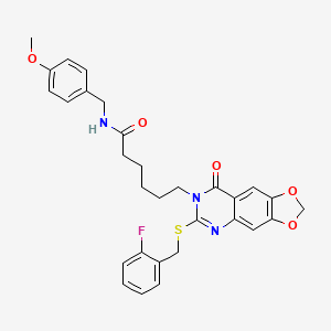 molecular formula C30H30FN3O5S B3016145 6-[6-[(2-氟苄基)硫代]-8-氧代[1,3]二氧杂环[4,5-g]喹唑啉-7(8H)-基]-N-(4-甲氧基苄基)己酰胺 CAS No. 896681-90-6