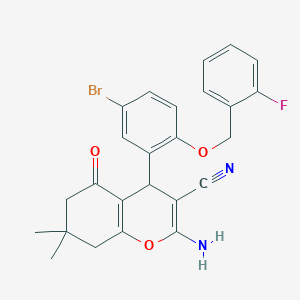 molecular formula C25H22BrFN2O3 B301615 2-amino-4-{5-bromo-2-[(2-fluorobenzyl)oxy]phenyl}-7,7-dimethyl-5-oxo-5,6,7,8-tetrahydro-4H-chromene-3-carbonitrile 