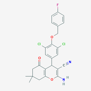 molecular formula C25H21Cl2FN2O3 B301618 2-amino-4-{3,5-dichloro-4-[(4-fluorobenzyl)oxy]phenyl}-7,7-dimethyl-5-oxo-5,6,7,8-tetrahydro-4H-chromene-3-carbonitrile 