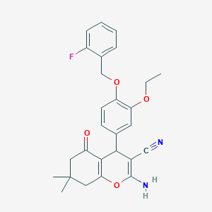 molecular formula C27H27FN2O4 B301624 2-amino-4-{3-ethoxy-4-[(2-fluorobenzyl)oxy]phenyl}-7,7-dimethyl-5-oxo-5,6,7,8-tetrahydro-4H-chromene-3-carbonitrile 