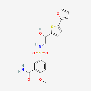 molecular formula C18H18N2O6S2 B3016250 5-({2-[5-(Furan-2-yl)thiophen-2-yl]-2-hydroxyethyl}sulfamoyl)-2-methoxybenzamide CAS No. 2309213-91-8
