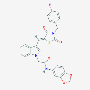 molecular formula C28H20FN3O5S B301626 N-(1,3-benzodioxol-5-yl)-2-(3-{[3-(4-fluorobenzyl)-2,4-dioxo-1,3-thiazolidin-5-ylidene]methyl}-1H-indol-1-yl)acetamide 