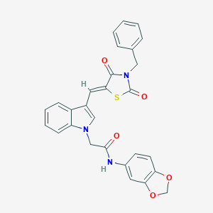 molecular formula C28H21N3O5S B301627 N-(1,3-benzodioxol-5-yl)-2-{3-[(3-benzyl-2,4-dioxo-1,3-thiazolidin-5-ylidene)methyl]-1H-indol-1-yl}acetamide 