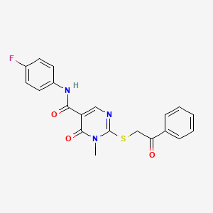 molecular formula C20H16FN3O3S B3016270 N-(4-fluorophenyl)-1-methyl-6-oxo-2-phenacylsulfanylpyrimidine-5-carboxamide CAS No. 891101-96-5