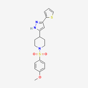 molecular formula C19H21N3O3S2 B3016286 4-甲氧基-4-({4-[5-(2-噻吩基)-1H-吡唑-3-基]哌啶基}磺酰基)苯基醚 CAS No. 321848-34-4