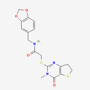 molecular formula C17H17N3O4S2 B3016320 N-(1,3-benzodioxol-5-ylmethyl)-2-[(3-methyl-4-oxo-6,7-dihydrothieno[3,2-d]pyrimidin-2-yl)sulfanyl]acetamide CAS No. 893360-63-9