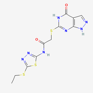 molecular formula C11H11N7O2S3 B3016342 N-(5-(乙硫基)-1,3,4-噻二唑-2-基)-2-((4-氧代-4,5-二氢-1H-吡唑并[3,4-d]嘧啶-6-基)硫代)乙酰胺 CAS No. 877630-27-8