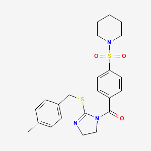 molecular formula C23H27N3O3S2 B3016393 [2-[(4-Methylphenyl)methylsulfanyl]-4,5-dihydroimidazol-1-yl]-(4-piperidin-1-ylsulfonylphenyl)methanone CAS No. 851805-35-1