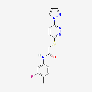 molecular formula C16H14FN5OS B3016404 2-((6-(1H-pyrazol-1-yl)pyridazin-3-yl)thio)-N-(3-fluoro-4-methylphenyl)acetamide CAS No. 1351634-66-6