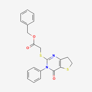 molecular formula C21H18N2O3S2 B3016405 Benzyl 2-((4-oxo-3-phenyl-3,4,6,7-tetrahydrothieno[3,2-d]pyrimidin-2-yl)thio)acetate CAS No. 686771-03-9