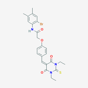molecular formula C25H26BrN3O4S B301642 N-(2-bromo-4,5-dimethylphenyl)-2-{4-[(1,3-diethyl-4,6-dioxo-2-thioxotetrahydro-5(2H)-pyrimidinylidene)methyl]phenoxy}acetamide 