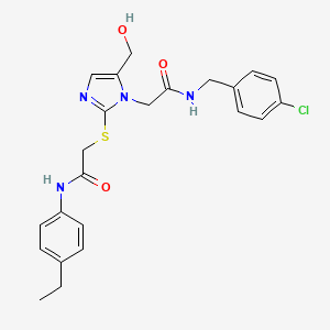 molecular formula C23H25ClN4O3S B3016420 2-{[1-{2-[(4-chlorobenzyl)amino]-2-oxoethyl}-5-(hydroxymethyl)-1H-imidazol-2-yl]thio}-N-(4-ethylphenyl)acetamide CAS No. 921505-43-3