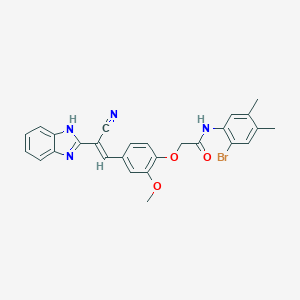 molecular formula C27H23BrN4O3 B301645 2-{4-[(E)-2-(1H-benzimidazol-2-yl)-2-cyanoethenyl]-2-methoxyphenoxy}-N-(2-bromo-4,5-dimethylphenyl)acetamide 