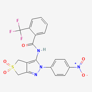 molecular formula C19H13F3N4O5S B3016452 N-(2-(4-nitrophenyl)-5,5-dioxido-4,6-dihydro-2H-thieno[3,4-c]pyrazol-3-yl)-2-(trifluoromethyl)benzamide CAS No. 449792-96-5