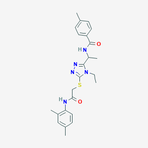 molecular formula C24H29N5O2S B301648 N-{1-[5-({2-[(2,4-dimethylphenyl)amino]-2-oxoethyl}sulfanyl)-4-ethyl-4H-1,2,4-triazol-3-yl]ethyl}-4-methylbenzamide 