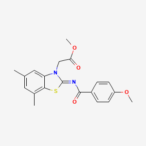 molecular formula C20H20N2O4S B3016489 Methyl 2-[2-(4-methoxybenzoyl)imino-5,7-dimethyl-1,3-benzothiazol-3-yl]acetate CAS No. 1321821-03-7