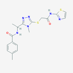 molecular formula C18H20N6O2S2 B301649 4-methyl-N-[1-(4-methyl-5-{[2-oxo-2-(1,3-thiazol-2-ylamino)ethyl]sulfanyl}-4H-1,2,4-triazol-3-yl)ethyl]benzamide 