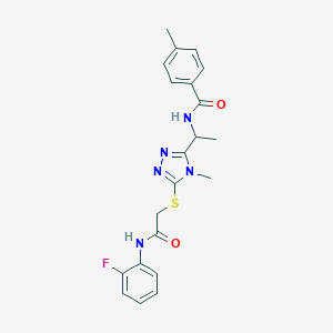 molecular formula C21H22FN5O2S B301651 N-{1-[5-({2-[(2-fluorophenyl)amino]-2-oxoethyl}sulfanyl)-4-methyl-4H-1,2,4-triazol-3-yl]ethyl}-4-methylbenzamide 